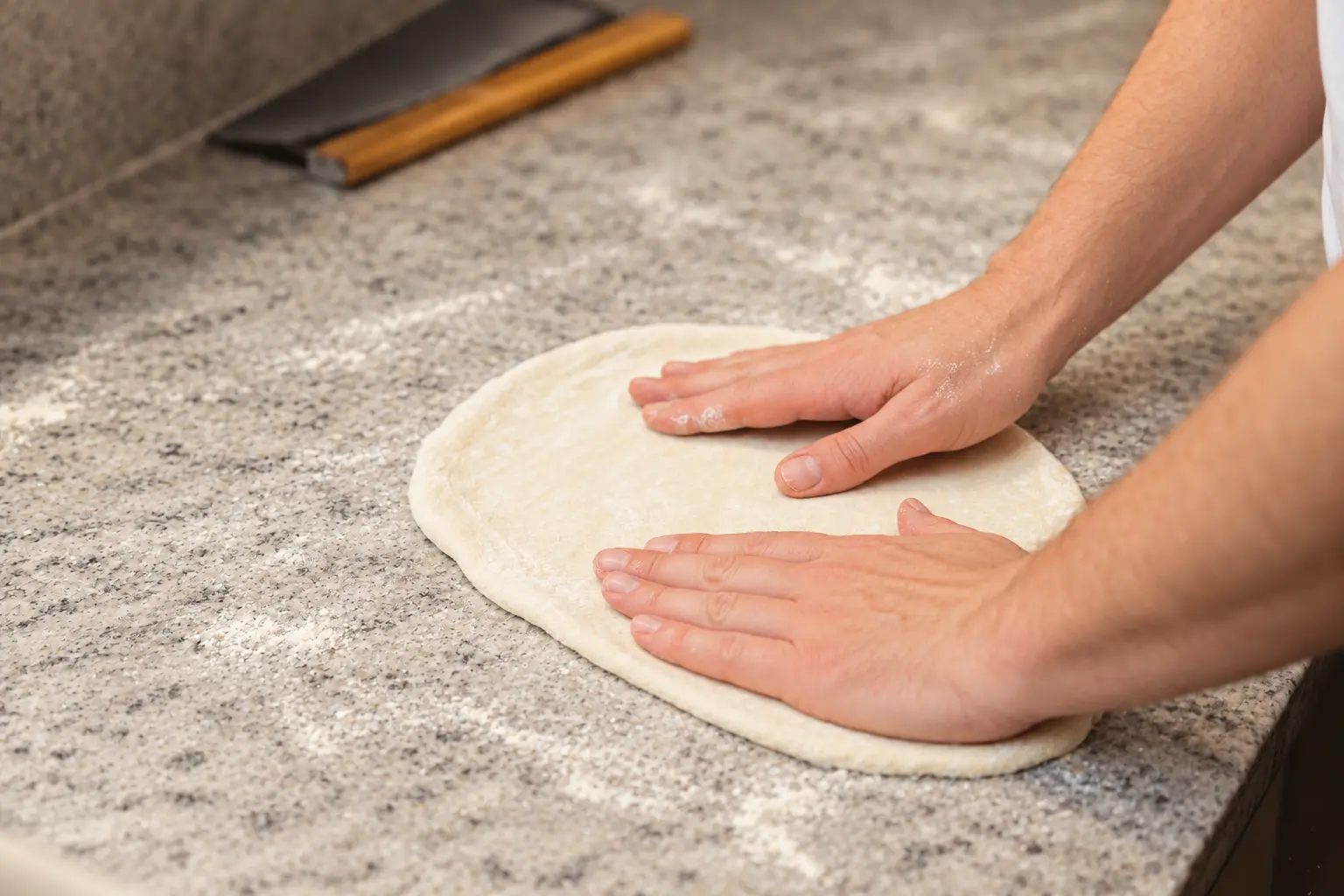 Hände formen Pizzateig auf bemehlter Arbeitsfläche