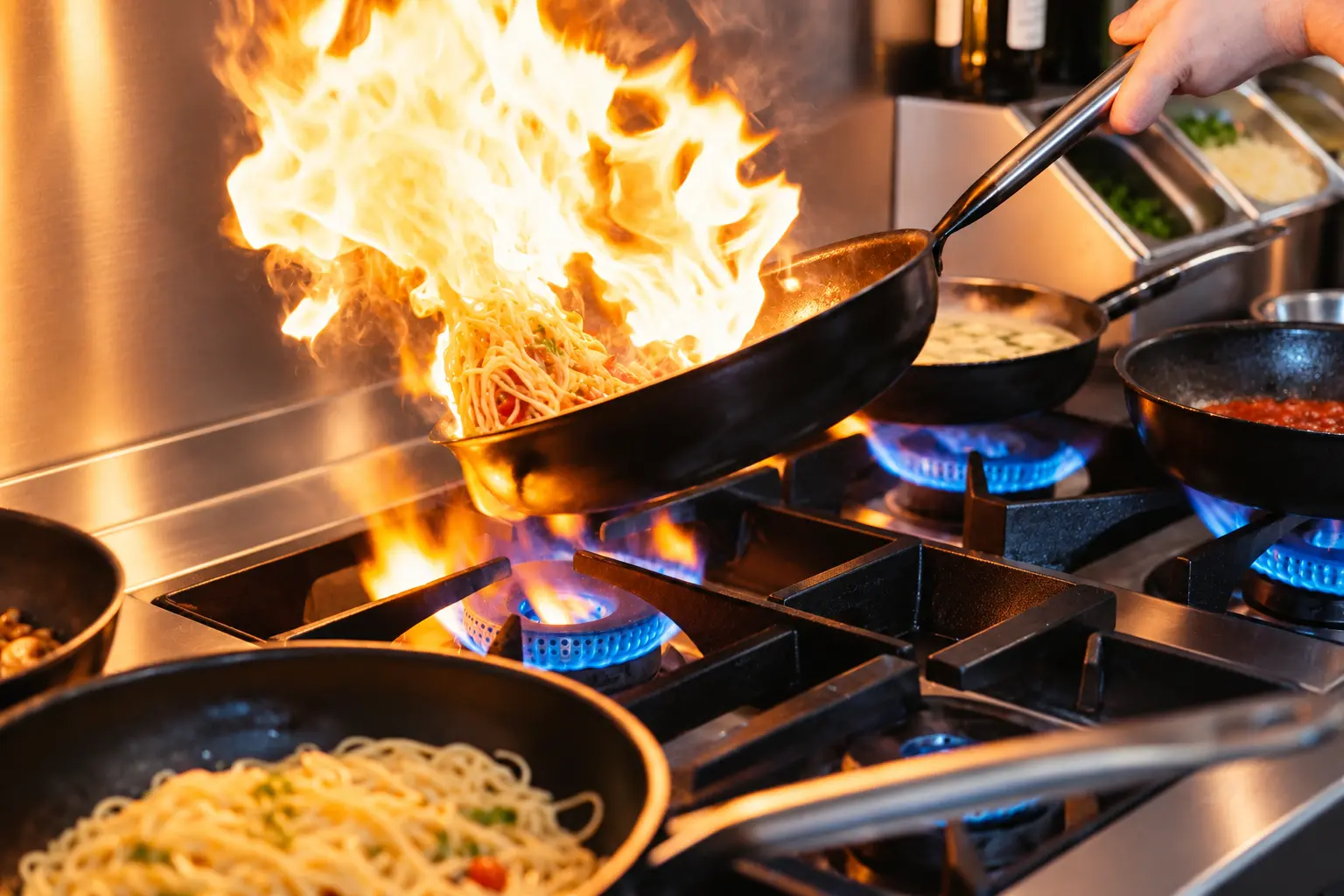 Kochpfanne mit Flamme in der Fratelli-Küche