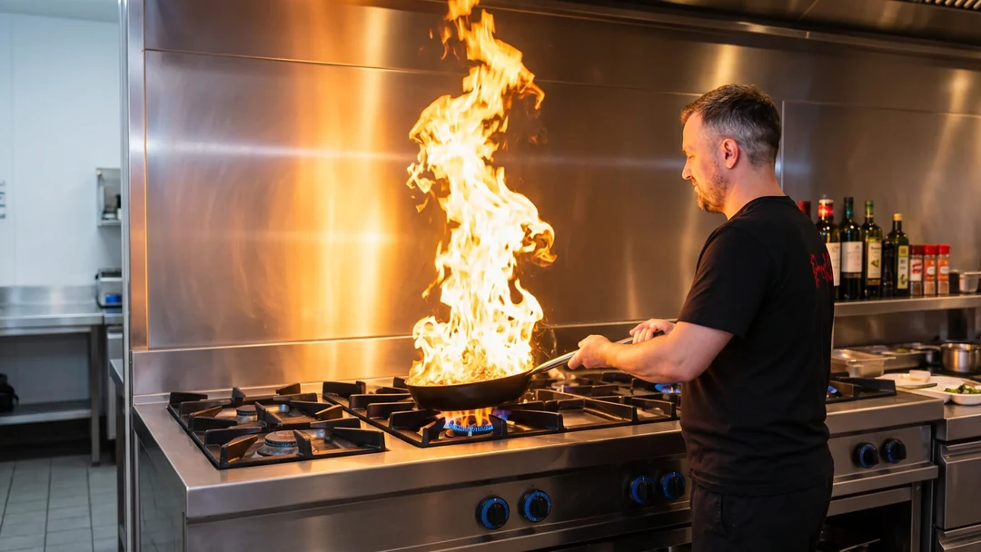 Koch der Pizzeria Fratelli schwenkt eine Pfanne über offener Flamme